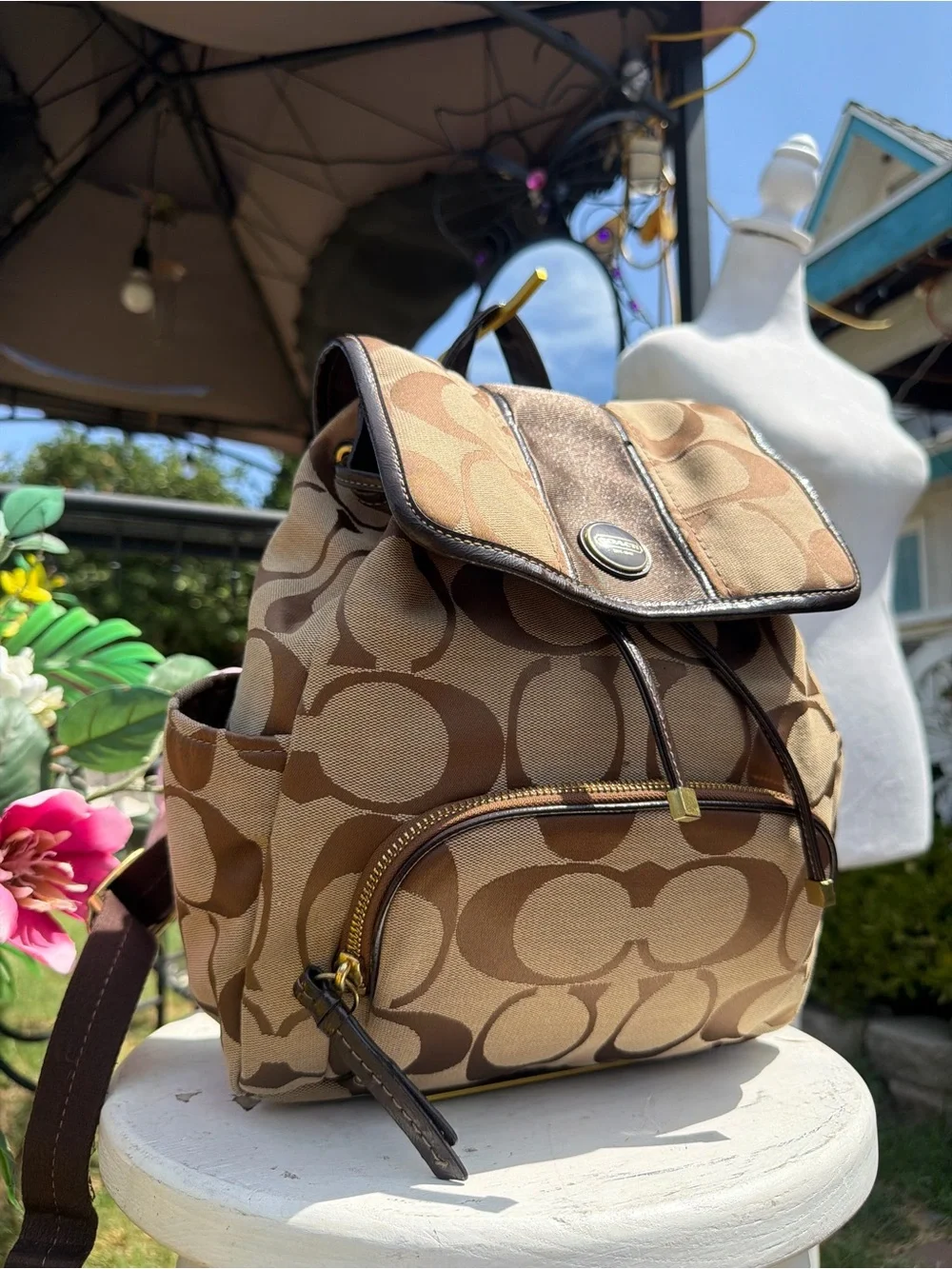 Coach Tan & Brown Signature Canvas Backpack
